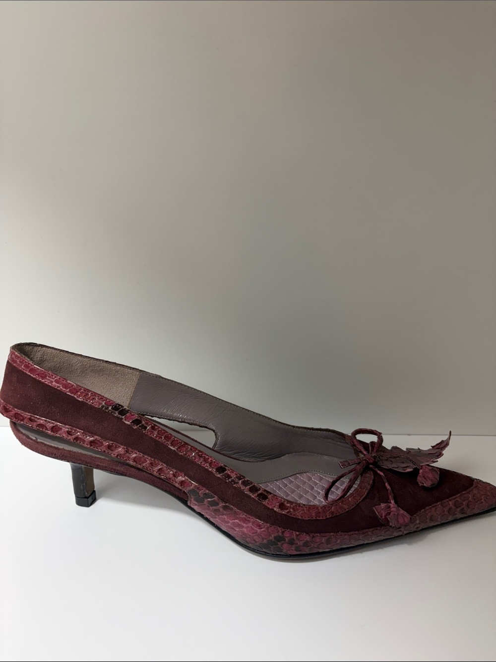 Anya Hindmarch Burgundy Suede and Snake-Embossed Pointed Kitten Heel with Bow